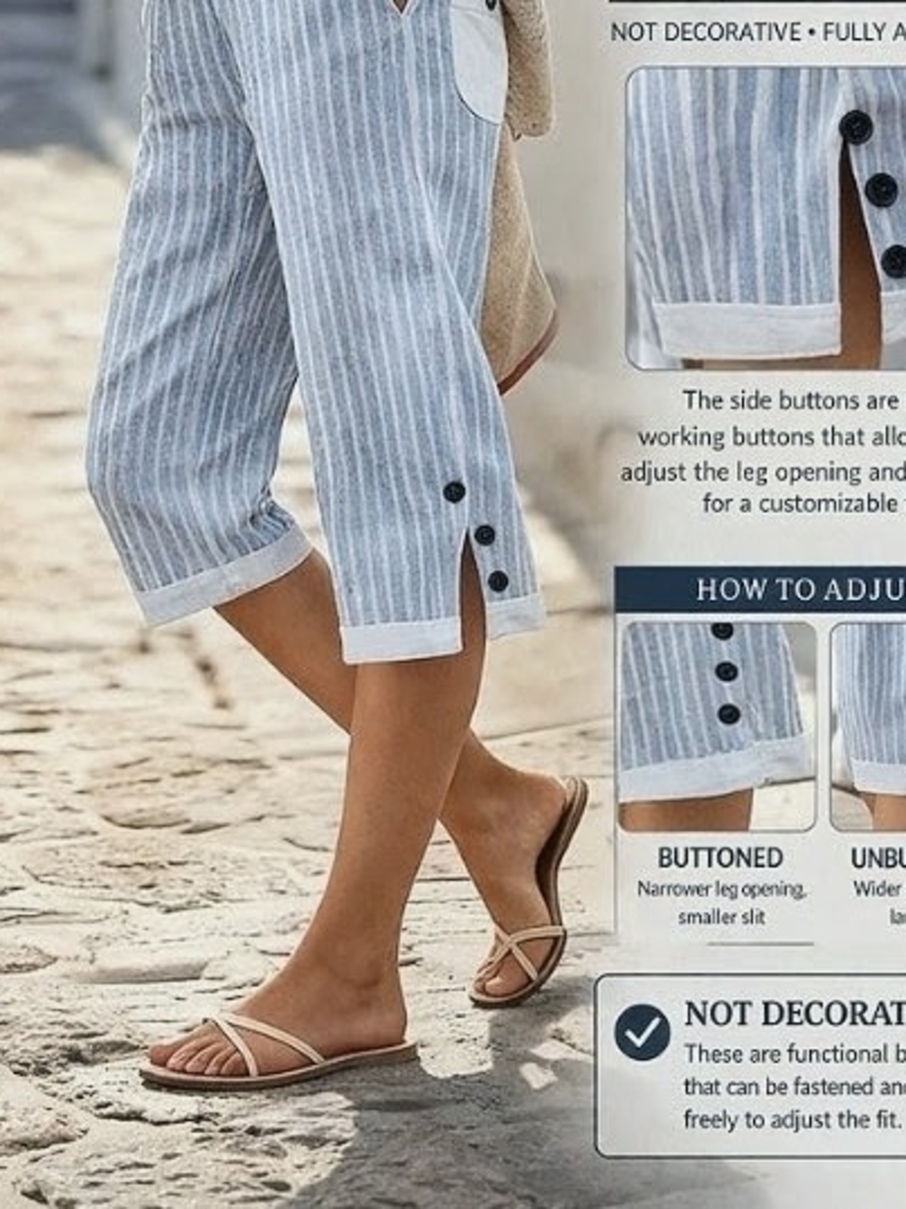 Striped Cropped Button-Cuff Capris - Blue